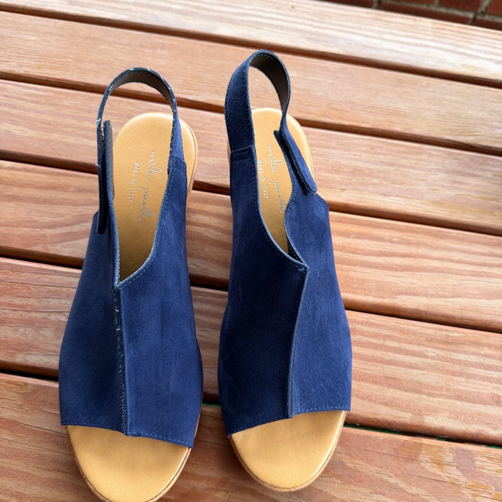 Mila Paoli Navy Blue Leather Suede Slingback Wedge Sandals Made in Italy 8.5 - Picture 3 of 10